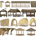 Various Traditional Thatched Roof Structures With Wooden Pavilions And Shelters