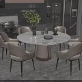 Modern Dining Table Set With Round Marble Top Six Beige Upholstered Chairs Green Plant Decor