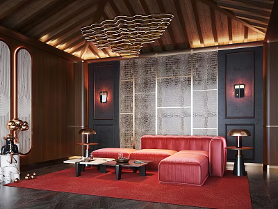 Elegant Home Theater Room With Red Sofa Wooden Walls And Decorative Ceiling Chandelier 3d model