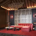 Elegant Home Theater Room With Red Sofa Wooden Walls And Decorative Ceiling Chandelier