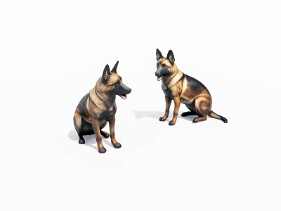 Two Sitting German Shepherd Dog Statues With Brown And Black Fur Details 3d model