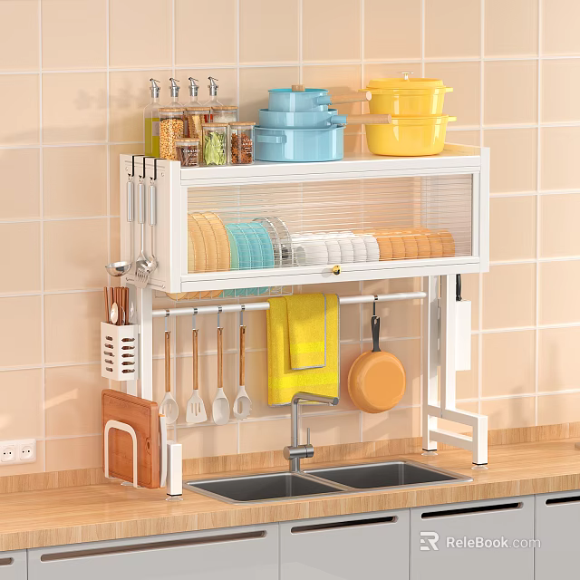 White Bathroom Cabinet Rack With Storage Shelves And Hanging Hooks For Organizing 3d model 