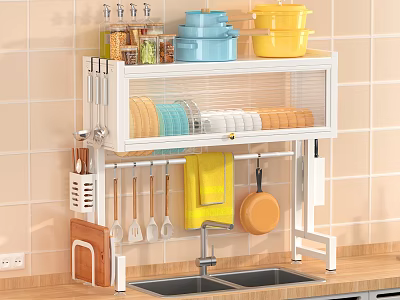 White Bathroom Cabinet Rack With Storage Shelves And Hanging Hooks For Organizing 3d model