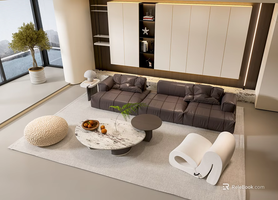Modern Gray L Shaped Sofa and Marble Top Coffee Table Set with Footstool Accent Chair and Green Plant 3d model 
