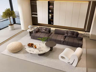 Modern Gray L Shaped Sofa and Marble Top Coffee Table Set with Footstool Accent Chair and Green Plant 3d model