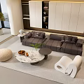 Modern Gray L Shaped Sofa and Marble Top Coffee Table Set with Footstool Accent Chair and Green Plant