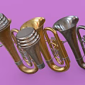 Three Silver Gold And Bronze Tubas As Musical Instruments On Purple Background