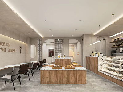 Cozy Dessert Shop Interior With Wooden Counter Displayed Desserts Tables Shelves And Warm Lighting 3d model