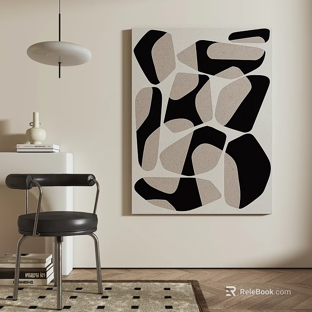 Modern Interior With Abstract Wall Art And Black Chair 3d model