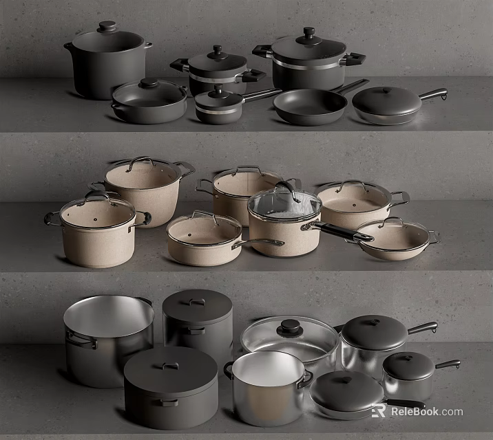 Various Colored Lidded Cookware Set Including Nonstick Pots And Pans 3d model 