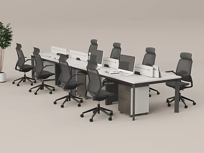 Modern Office Desk Cluster With White Surfaces Black Ergonomic Chairs And Green Plant 3d model