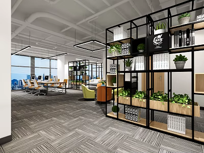 Modern Public Office Space With Open Layout Desks Green Plants And Large Windows 3d model