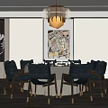 Elegant Restaurant Dining Space with Round Table Gray Chairs Chandelier and Decorative Wall Art
