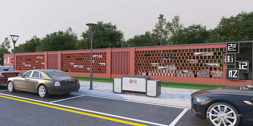 Red Brick Feature Wall Design With Perforated Pattern And Street Lamp In Parking Lot 3d model 