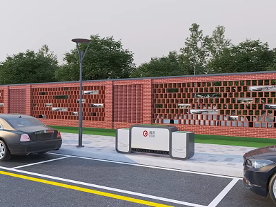 Red Brick Feature Wall Design With Perforated Pattern And Street Lamp In Parking Lot 3d model