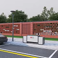 Red Brick Feature Wall Design With Perforated Pattern And Street Lamp In Parking Lot