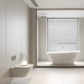 Modern Bathroom Interior Design With Freestanding Bathtub Window Blinds And Vanity Mirror