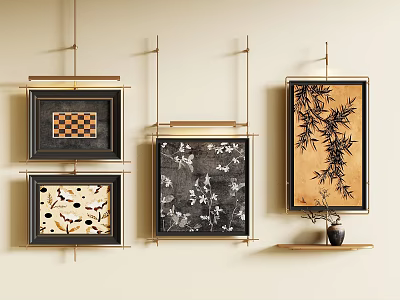 Abstract Paintings With Various Patterns In Gold Frames Hanging On Beige Wall And Decorative Ornaments 3d model