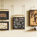 Abstract Paintings With Various Patterns In Gold Frames Hanging On Beige Wall And Decorative Ornaments