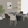 Modern Restaurant Interior Design With Dining Table Chairs Plant Wall Art And Light Curtains