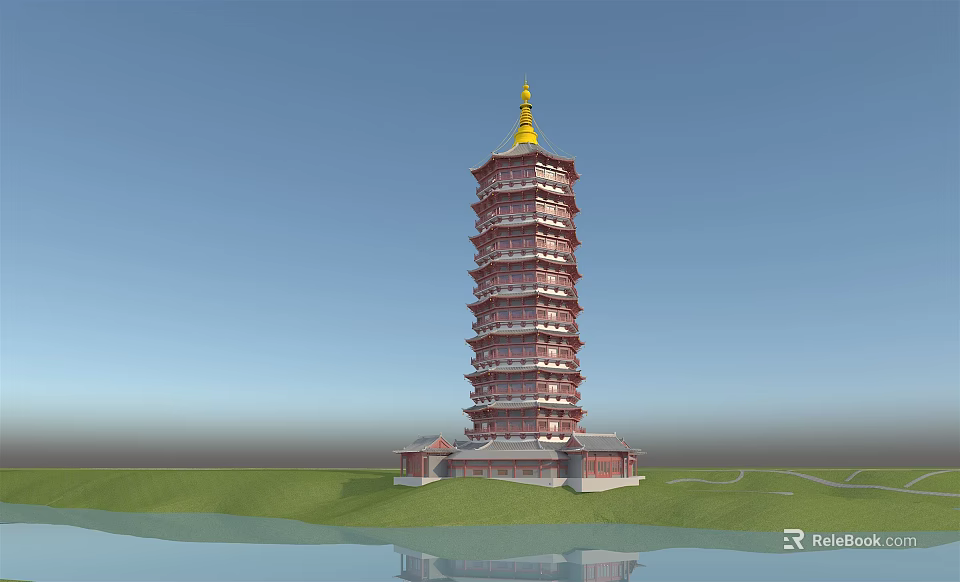 Traditional Multi Tiered Pagoda With Golden Top Red White Design Green Grass And Water Reflection 3d model 
