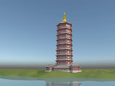 Traditional Multi Tiered Pagoda With Golden Top Red White Design Green Grass And Water Reflection 3d model
