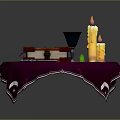 Purple Tablecloth Covered Table With Wooden Box Green Gem Lit Candles Dagger And Blue Cup
