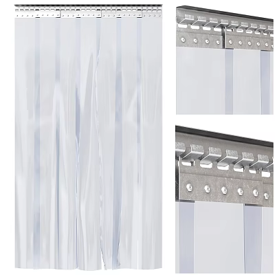 Transparent Door Curtain Made Of Clear PVC With Striped Design And Metal Installation Hooks 3d model