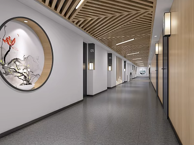 Elegant Hotel Corridor with Wooden Slat Ceiling Circular Artwork Wall Lamps and Gray Floors 3d model