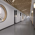 Elegant Hotel Corridor with Wooden Slat Ceiling Circular Artwork Wall Lamps and Gray Floors