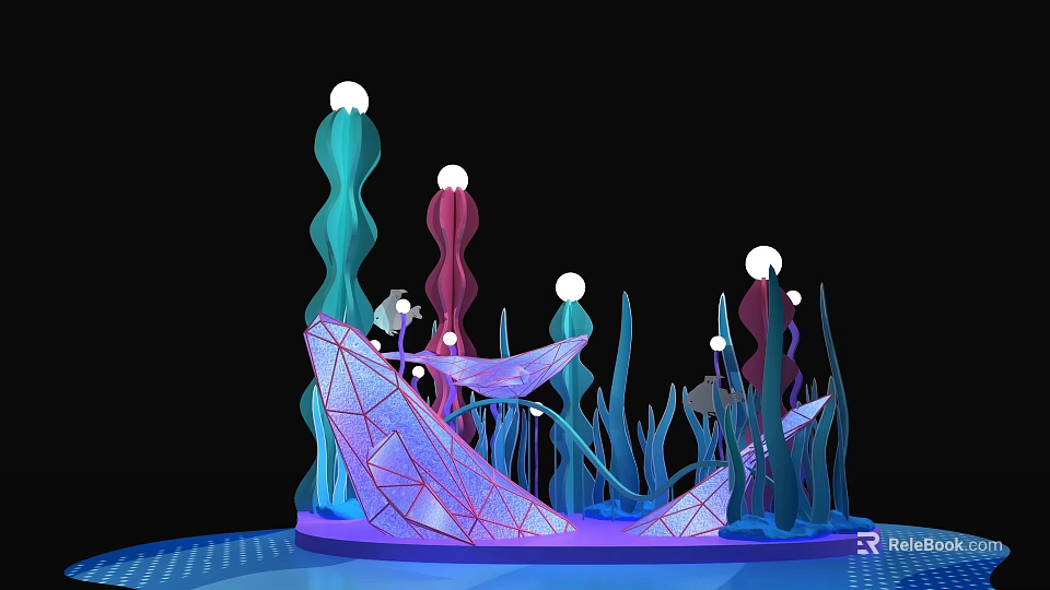 Modern Art Installation With Colorful Wave Columns White Spherical Lights Blue Platform And Geometric Structures 3d model 