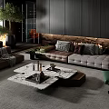 Modern Living Room Interior Design With Brown Gray Sofa Marble Coffee Table And Green Plants