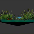 Lush Natural Pond Scene With Tall Reeds Lily Pads Green Plants Rocks And Small Boat