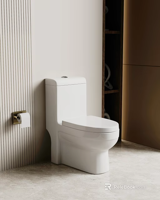 Modern Bathroom With White Toilet Wooden Textured Wall And Toilet Paper Holder 3d model 