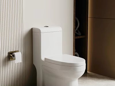 Modern Bathroom With White Toilet Wooden Textured Wall And Toilet Paper Holder 3d model