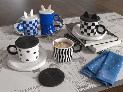 Cute Animal Shaped Cups with Checkered Polka Dot Patterns on Table with Books and Napkin 3d model