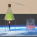Vintage Scientific Decorative Ornament Set With Green Flask Stand Flame Glass Tube Graduated Pink Beaker