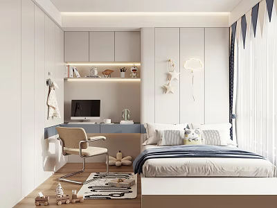 Kids Room Interior Design With Study Desk Bed Star Decor And Rug 3d model
