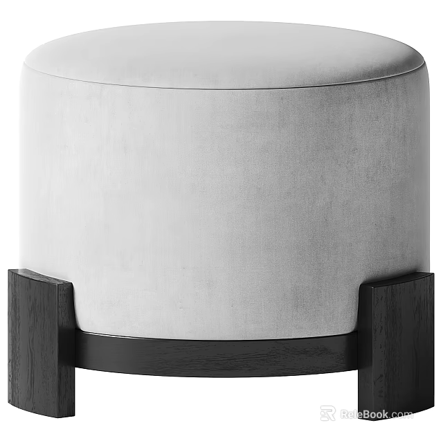 Modern Round Silver Gray Velvet Padded Stool with Dark Wooden Legs for Home Decor 3d model 