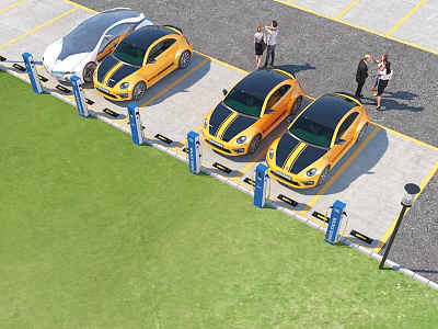 Parking Lot Scene With Yellow Cars Charging Stations And People Around 3d model
