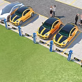 Parking Lot Scene With Yellow Cars Charging Stations And People Around