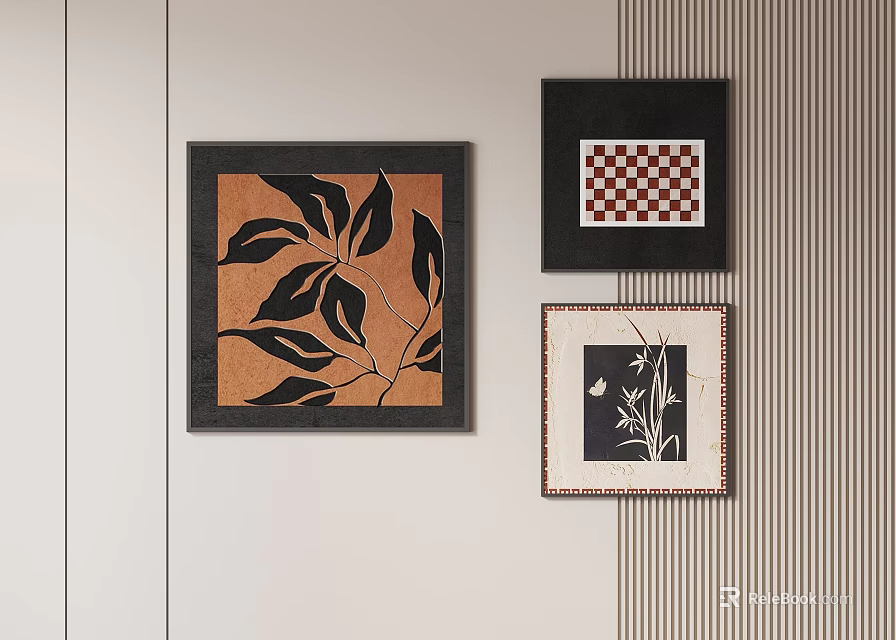 Three Abstract Paintings Hanging on Light Colored Wall with Various Designs and Frames 3d model