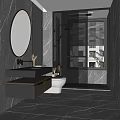 Modern Bathroom Interior With Round Mirror Marble Vanity Shower Area And Window Blinds