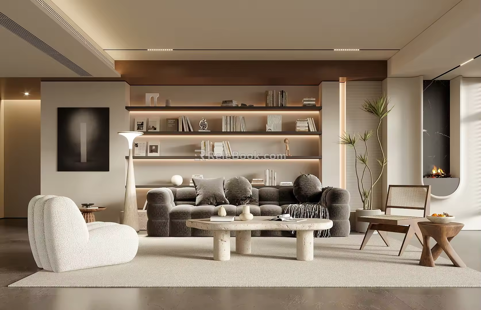 Living room sofa coffee table combination background wall bookshelf 3d model