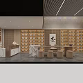 Traditional Tea Shop Interior With Wooden Shelves Tea Sets Stone Counter And Stools