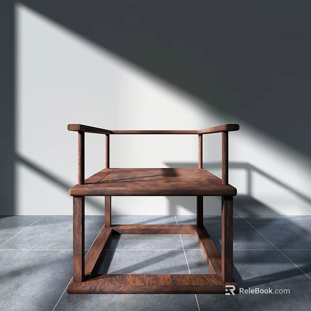Minimalist Wooden Leisure Chair With Sunlight Shadow On Gray Tile Floor And White Wall 3d model 
