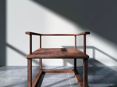 Minimalist Wooden Leisure Chair With Sunlight Shadow On Gray Tile Floor And White Wall 3d model