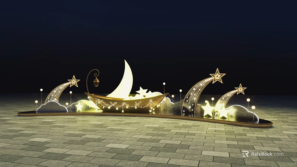 Night Photo Spot With Moon Shaped Boat Stars Clouds Street Lamps And Brick Pavement 3d model 