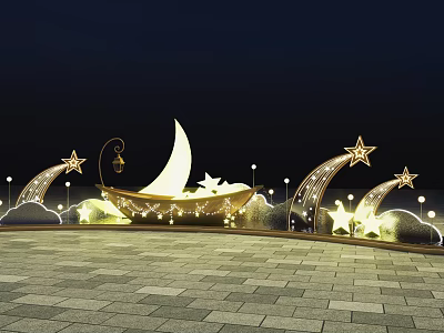 Night Photo Spot With Moon Shaped Boat Stars Clouds Street Lamps And Brick Pavement 3d model