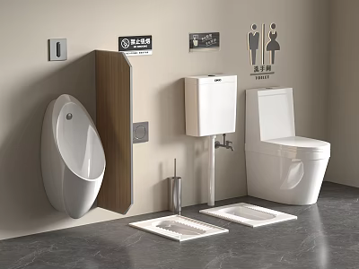 Modern Bathroom With Toilet Urinal Wall Signs And Anti Slip Mats 3d model